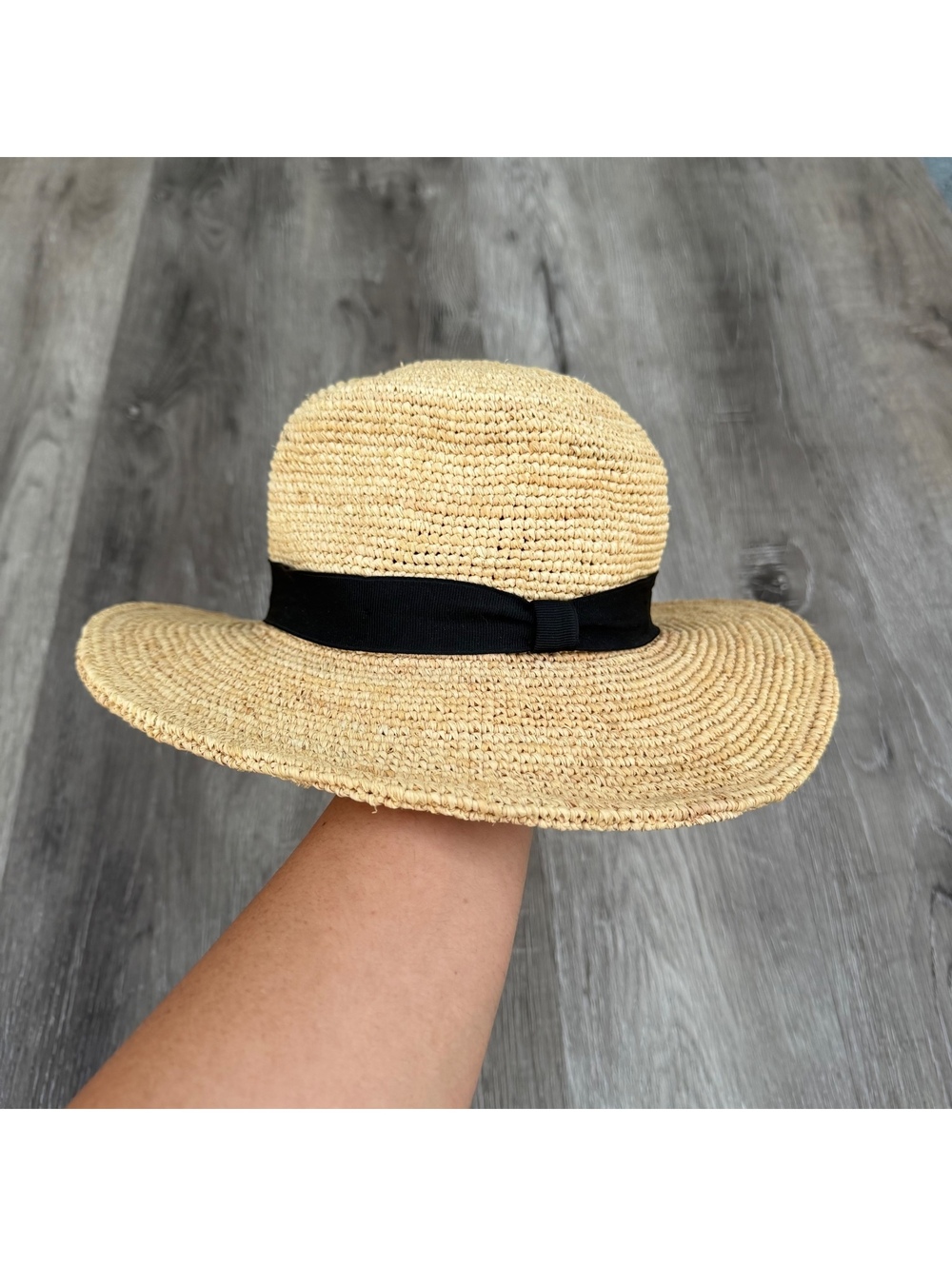Zara textured crochet sun hat styled with a contrasting black ribbon band